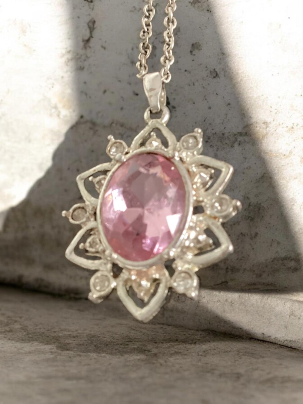 Silver-Tone Pink Pendant and Chain